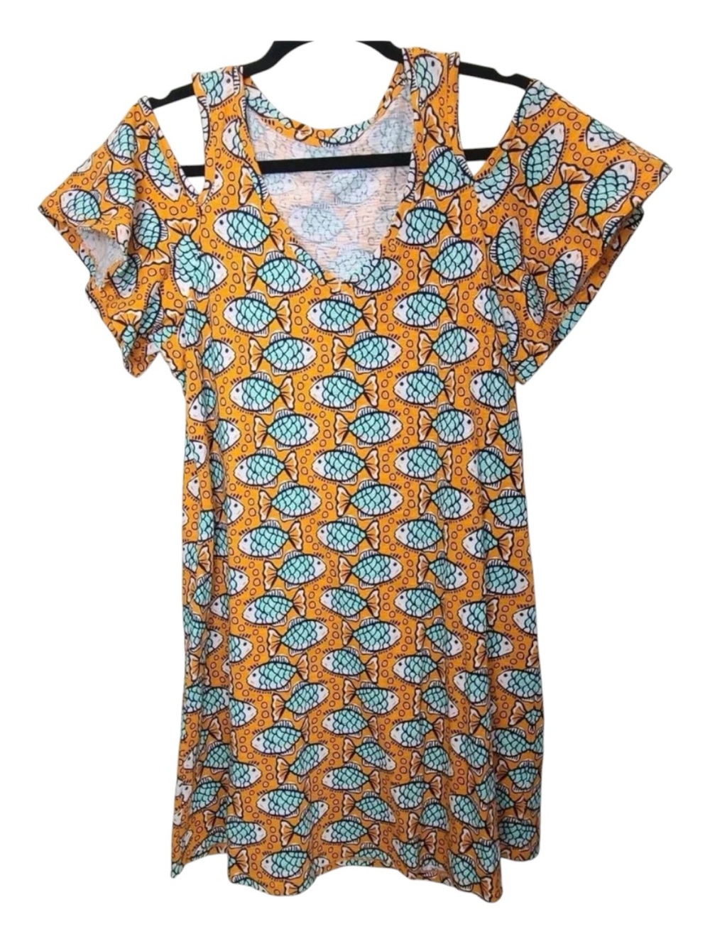 Women’s Cold-Shoulder V-Neck Summer Dress in Orange Fish Print